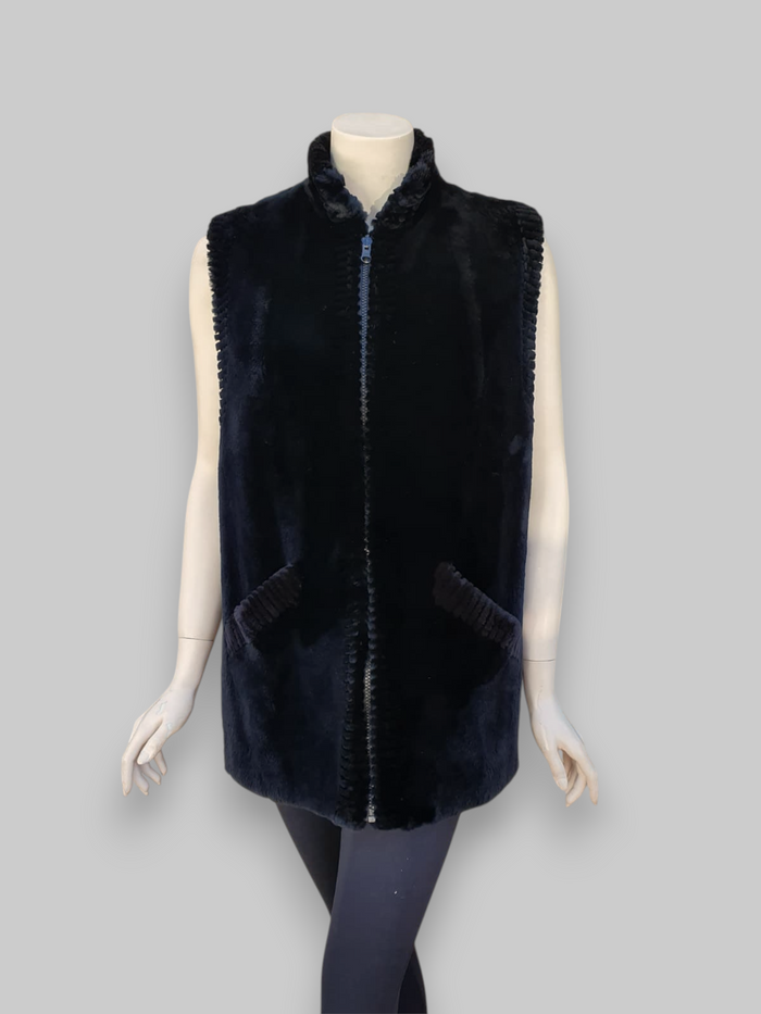 Black Sheared Beaver Fur Vest -Medium
