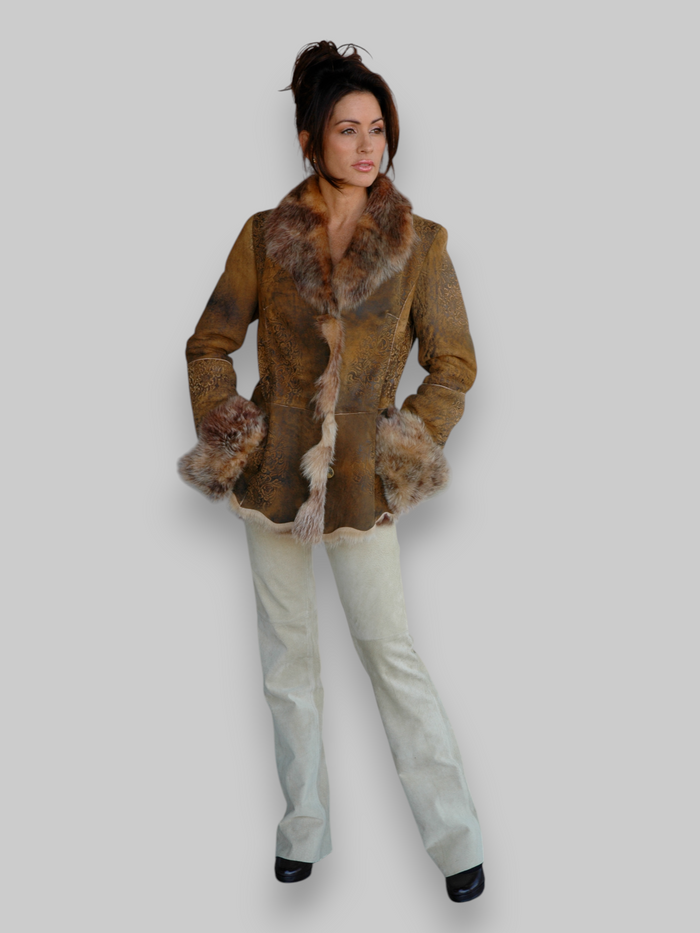 Tan Embossed Shearling Jacket -Medium