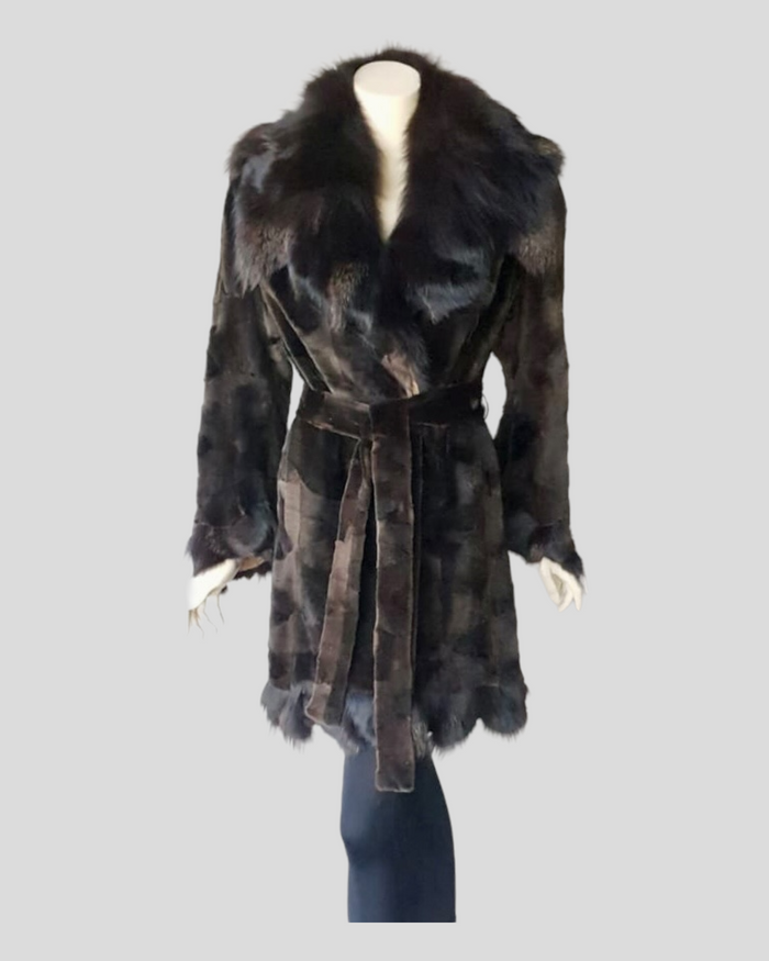 Brown Sheared Mink Sections w/ Brown Dyed Fox Coat -Medium