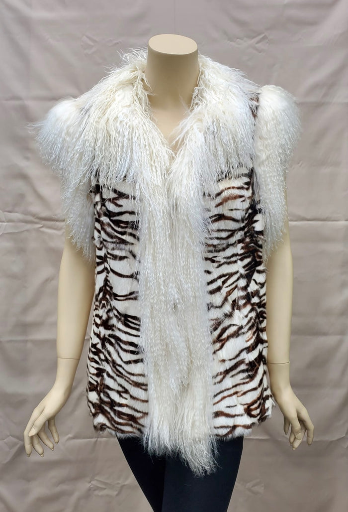 Vintage Zebra Stenciled Goat Fur Sections Vest with Tibetan Lamb Trim -S