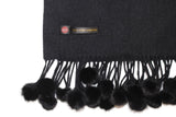 Black 100% Pure Cashmere Soft Mink fur pom-pom fringe Scarf/Wrap by Belle Fare. 76" long x 26" wide Large and versatile size.