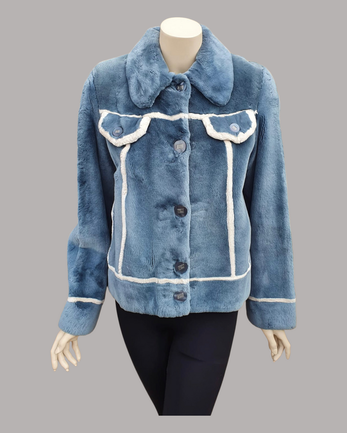 Vintage Denim-Dyed Sheared Beaver Fur Jacket w/ White Beaver Details -M