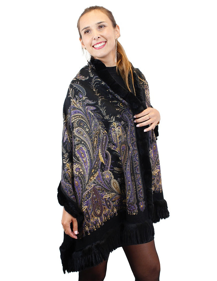 100% Cashmere w/ Black Rex Rabbit Fur Wrap/Shawl/Stole