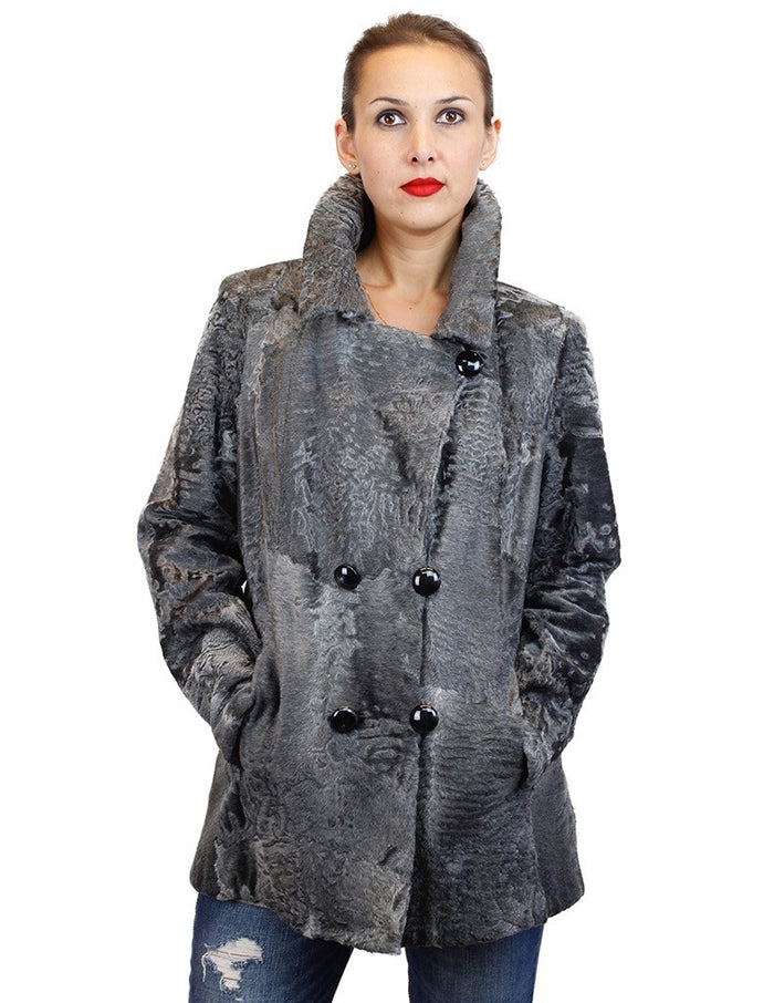RARE NATURAL GRAY RUSSIAN BROADTAIL FITTED DOUBLE-BREASTED PEACOAT SUIT JACKET - from THE REAL FUR DEAL & DAVID APPEL FURS new and pre-owned online fur store!