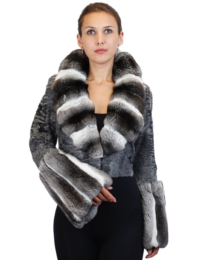 NATURAL GRAY RUSSIAN BROADTAIL & CHINCHILLA FUR SHORT BOLERO JACKET W/ BELL SLEEVES - from THE REAL FUR DEAL & DAVID APPEL FURS new and pre-owned online fur store!
