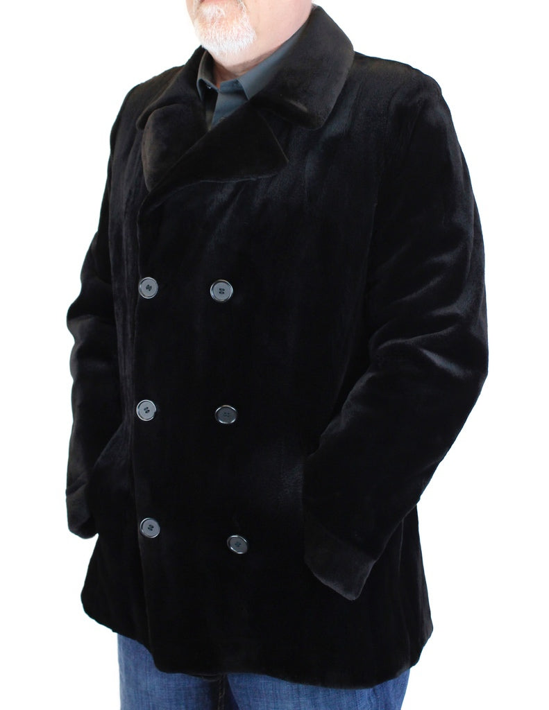 MEN'S BLACK SHEARED MINK FUR FITTED DOUBLE-BREASTED JACKET