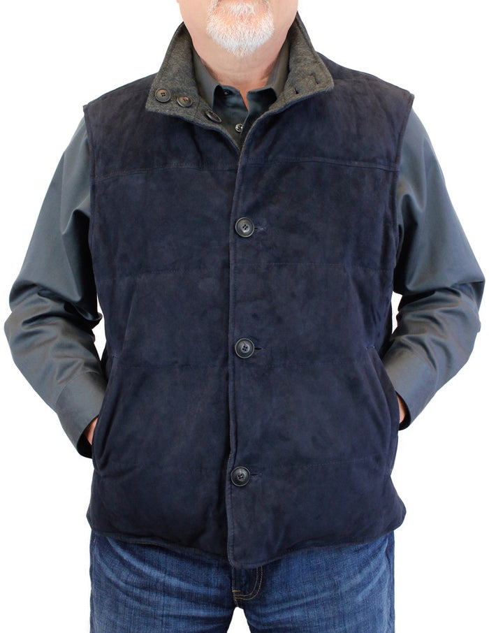 MEN'S NAVY BLUE SUEDE LEATHER & GRAY CASHMERE VEST - from THE REAL FUR DEAL & DAVID APPEL FURS new and pre-owned online fur store!