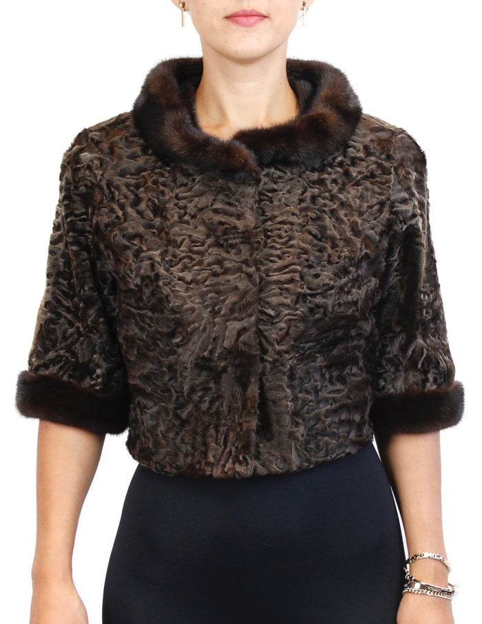 NATURAL BROWN RUSSIAN BROADTAIL SHORT BOLERO JACKET W/ MAHOGANY MINK FUR TRIM - from THE REAL FUR DEAL & DAVID APPEL FURS new and pre-owned online fur store!