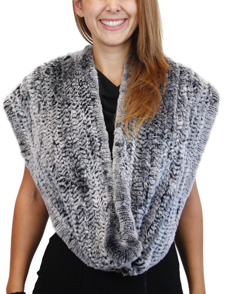 Marie Frosted Black Knitted Rex Rabbit Fur Infinity Scarf