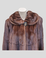Mahogany Mink Fur ⅞ Coat - close up of the collar and decorative button details