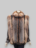 Vintage Crystal Fox & Brown Leather Jacket - Large