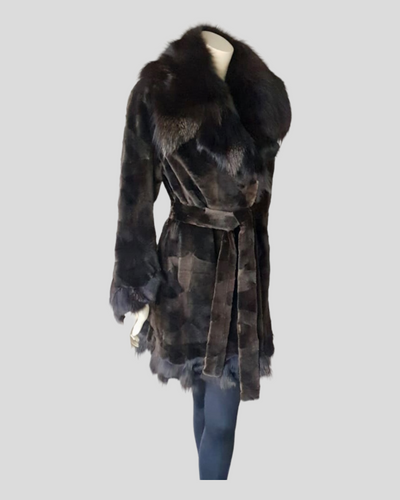Brown Sheared Mink Sections w/ Brown Dyed Fox Coat -Medium