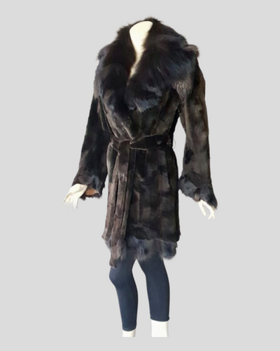 Brown Sheared Mink Sections w/ Brown Dyed Fox Coat -Medium