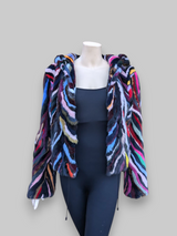 Multicolor Mink Sections Jacket w/ Hood -Medium