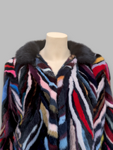 Multicolor Mink Sections Jacket w/ Hood -Small/Medium