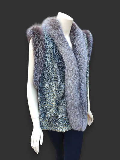 Vintage Gray Persian Lamb w/ Indigo/Silver Blue Fox Vest -Large