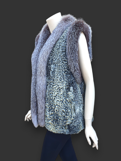 Vintage Gray Persian Lamb w/ Indigo/Silver Blue Fox Vest -Large