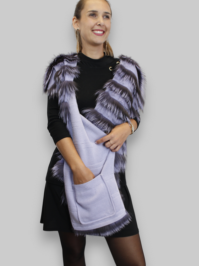 LAYERED SILVER FOX FUR & KNITTED CASHMERE SCARF