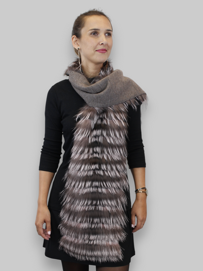 LAYERED SILVER FOX FUR & KNITTED CASHMERE SCARF