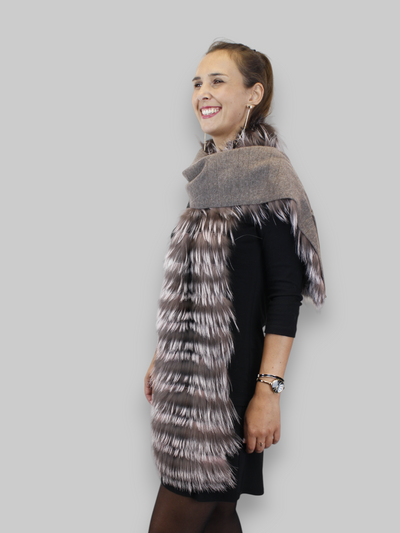 LAYERED SILVER FOX FUR & KNITTED CASHMERE SCARF
