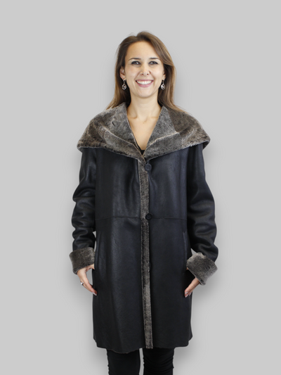 Black Spanish Merino Reversible Shearling Coat -Medium