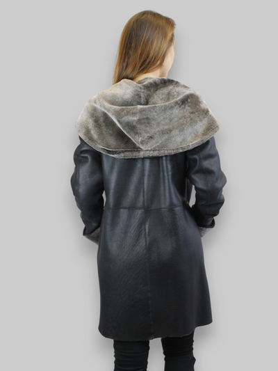 Black Spanish Merino Reversible Shearling Coat -Medium