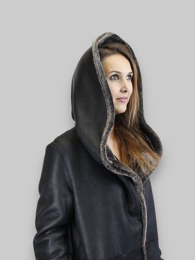 Black Spanish Merino Reversible Shearling Coat -Medium