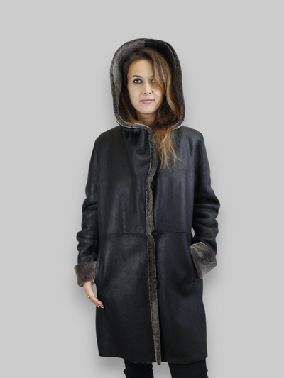 Black Spanish Merino Reversible Shearling Coat -Medium