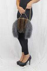 GRAY MONGOLIAN LAMB & MAHOGANY MINK FUR MUFF PURSE, BAG
