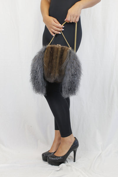 GRAY MONGOLIAN LAMB & MAHOGANY MINK FUR MUFF PURSE, BAG