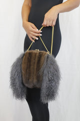 GRAY MONGOLIAN LAMB & MAHOGANY MINK FUR MUFF PURSE, BAG