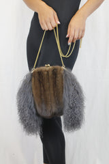 GRAY MONGOLIAN LAMB & MAHOGANY MINK FUR MUFF PURSE, BAG