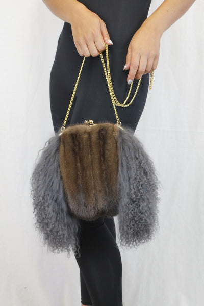 GRAY MONGOLIAN LAMB & MAHOGANY MINK FUR MUFF PURSE, BAG