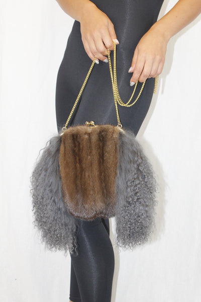 GRAY MONGOLIAN LAMB & MAHOGANY MINK FUR MUFF PURSE, BAG