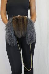 GRAY MONGOLIAN LAMB & MAHOGANY MINK FUR MUFF PURSE, BAG