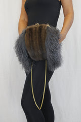 GRAY MONGOLIAN LAMB & MAHOGANY MINK FUR MUFF PURSE, BAG