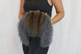GRAY MONGOLIAN LAMB & MAHOGANY MINK FUR MUFF PURSE, BAG