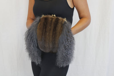 GRAY MONGOLIAN LAMB & MAHOGANY MINK FUR MUFF PURSE, BAG