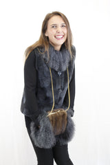 GRAY MONGOLIAN LAMB & MAHOGANY MINK FUR MUFF PURSE, BAG