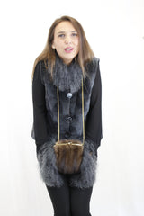 GRAY MONGOLIAN LAMB & MAHOGANY MINK FUR MUFF PURSE, BAG