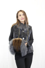 GRAY MONGOLIAN LAMB & MAHOGANY MINK FUR MUFF PURSE, BAG
