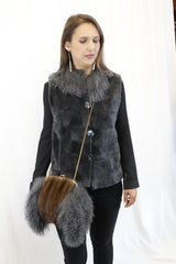 GRAY MONGOLIAN LAMB & MAHOGANY MINK FUR MUFF PURSE, BAG