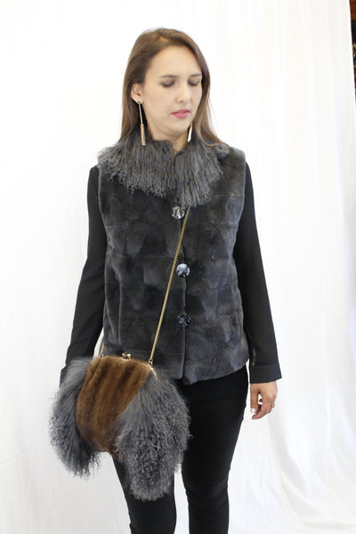 GRAY MONGOLIAN LAMB & MAHOGANY MINK FUR MUFF PURSE, BAG