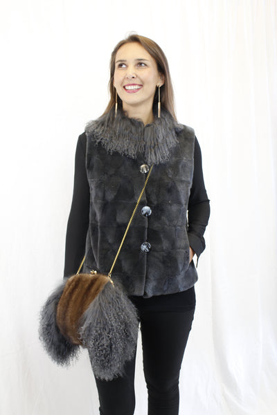 GRAY MONGOLIAN LAMB & MAHOGANY MINK FUR MUFF PURSE, BAG