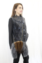 GRAY MONGOLIAN LAMB & MAHOGANY MINK FUR MUFF PURSE, BAG