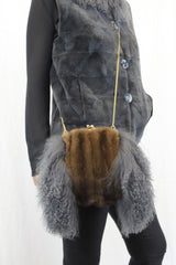 GRAY MONGOLIAN LAMB & MAHOGANY MINK FUR MUFF PURSE, BAG
