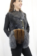 GRAY MONGOLIAN LAMB & MAHOGANY MINK FUR MUFF PURSE, BAG