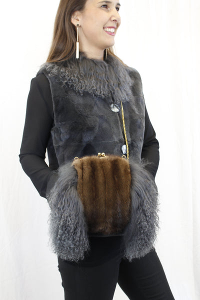 GRAY MONGOLIAN LAMB & MAHOGANY MINK FUR MUFF PURSE, BAG