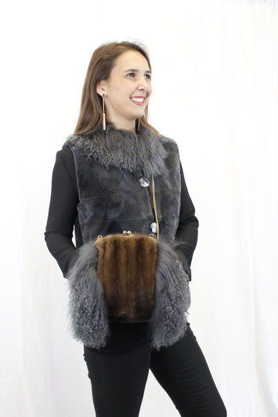 GRAY MONGOLIAN LAMB & MAHOGANY MINK FUR MUFF PURSE, BAG