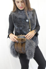 GRAY MONGOLIAN LAMB & MAHOGANY MINK FUR MUFF PURSE, BAG